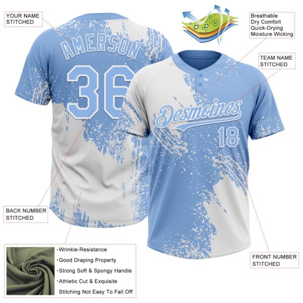 Custom White Light Blue 3D Pattern Abstract Brush Stroke Two-Button Unisex Softball Jersey