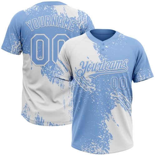 Custom White Light Blue 3D Pattern Abstract Brush Stroke Two-Button Unisex Softball Jersey