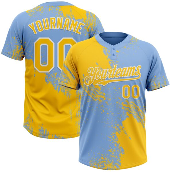Custom Yellow Light Blue-White 3D Pattern Abstract Brush Stroke Two-Button Unisex Softball Jersey