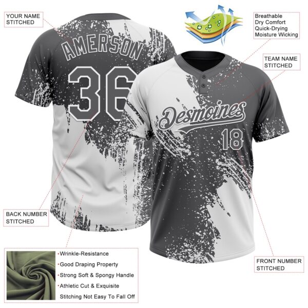 Custom White Steel Gray 3D Pattern Abstract Brush Stroke Two-Button Unisex Softball Jersey