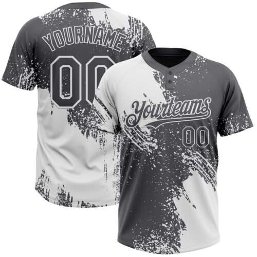 Custom White Steel Gray 3D Pattern Abstract Brush Stroke Two-Button Unisex Softball Jersey