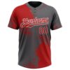 Custom Red Steel Gray-White 3D Pattern Abstract Brush Stroke Two-Button Unisex Softball Jersey