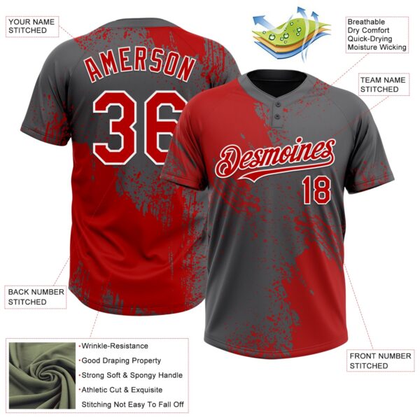 Custom Red Steel Gray-White 3D Pattern Abstract Brush Stroke Two-Button Unisex Softball Jersey