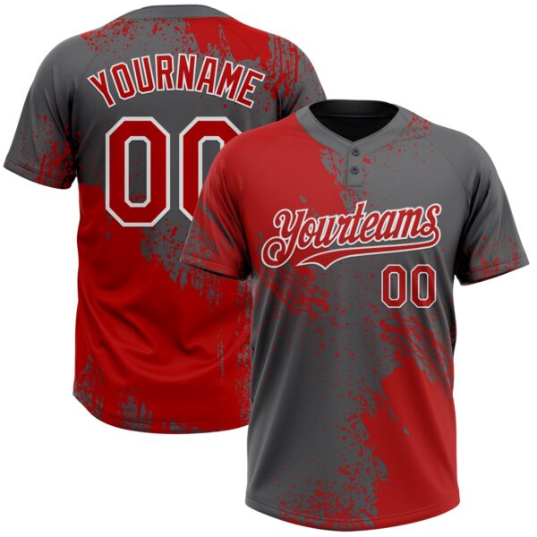 Custom Red Steel Gray-White 3D Pattern Abstract Brush Stroke Two-Button Unisex Softball Jersey