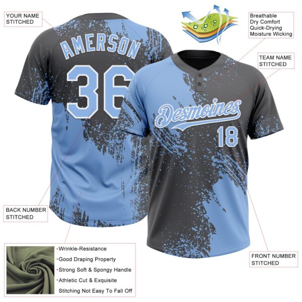 Custom Light Blue Steel Gray-White 3D Pattern Abstract Brush Stroke Two-Button Unisex Softball Jersey