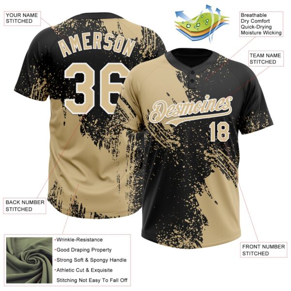 Custom Vegas Gold Black-White 3D Pattern Abstract Brush Stroke Two-Button Unisex Softball Jersey