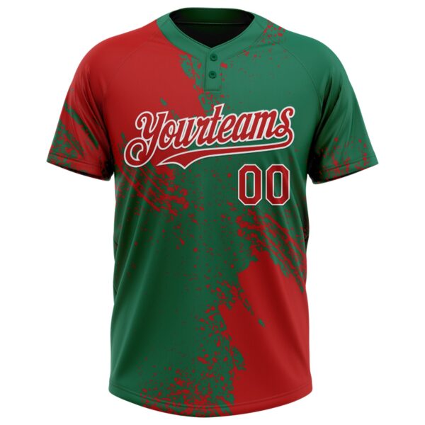 Custom Red Kelly Green-White 3D Pattern Abstract Brush Stroke Two-Button Unisex Softball Jersey