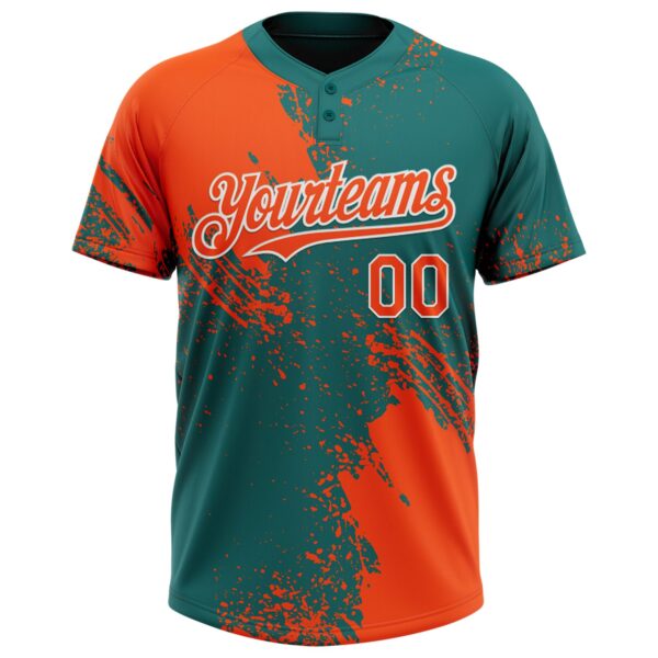 Custom Orange Teal-White 3D Pattern Abstract Brush Stroke Two-Button Unisex Softball Jersey