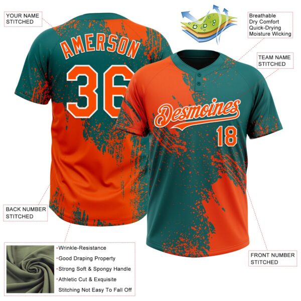 Custom Orange Teal-White 3D Pattern Abstract Brush Stroke Two-Button Unisex Softball Jersey