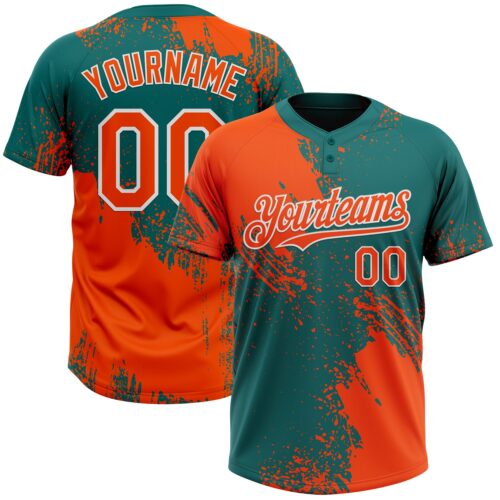 Custom Orange Teal-White 3D Pattern Abstract Brush Stroke Two-Button Unisex Softball Jersey