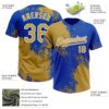 Custom Old Gold Thunder Blue-White 3D Pattern Abstract Brush Stroke Two-Button Unisex Softball Jersey