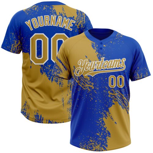 Softball1867 Custom Old Gold Thunder Blue-White 3D Pattern Abstract Brush Stroke Two-Button Unisex Softball Jersey