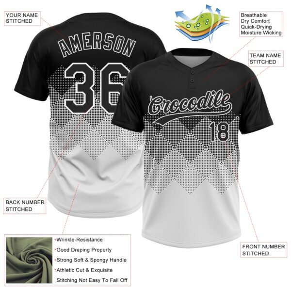 Custom Black White 3D Gradient Square Shape Two-Button Unisex Softball Jersey