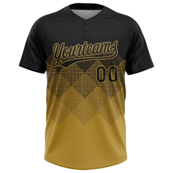 Custom Black Old Gold 3D Gradient Square Shape Two-Button Unisex Softball Jersey