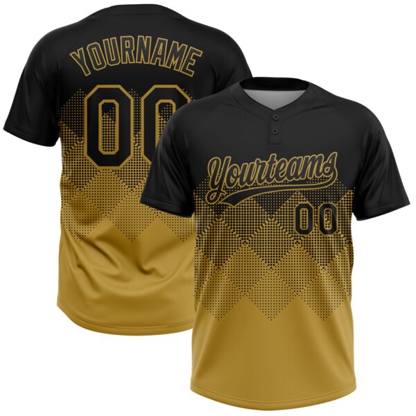 Custom Black Old Gold 3D Gradient Square Shape Two-Button Unisex Softball Jersey