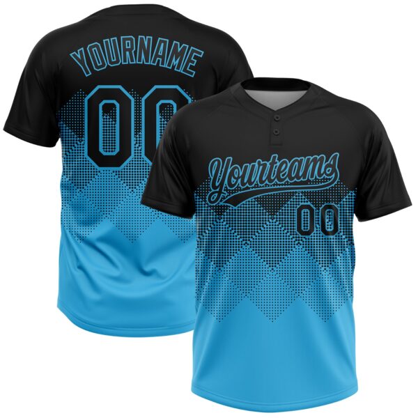 Custom Black Sky Blue 3D Gradient Square Shape Two-Button Unisex Softball Jersey