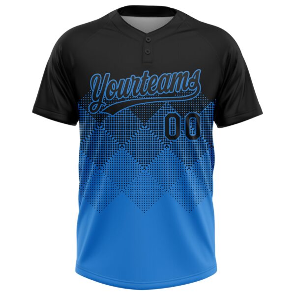 Custom Black Electric Blue 3D Gradient Square Shape Two-Button Unisex Softball Jersey