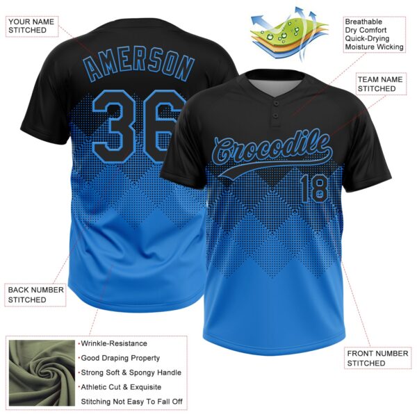 Custom Black Electric Blue 3D Gradient Square Shape Two-Button Unisex Softball Jersey