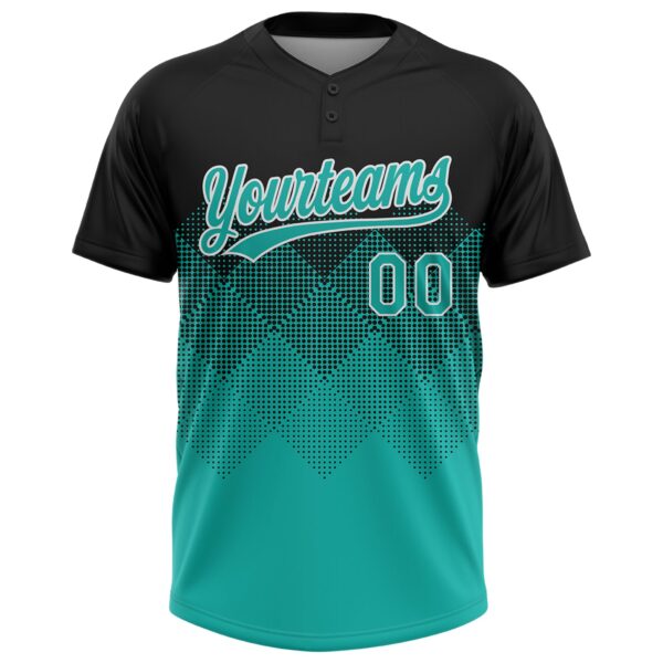 Custom Black Aqua-White 3D Gradient Square Shape Two-Button Unisex Softball Jersey