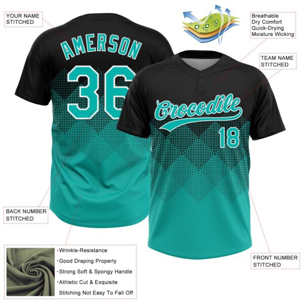 Custom Black Aqua-White 3D Gradient Square Shape Two-Button Unisex Softball Jersey