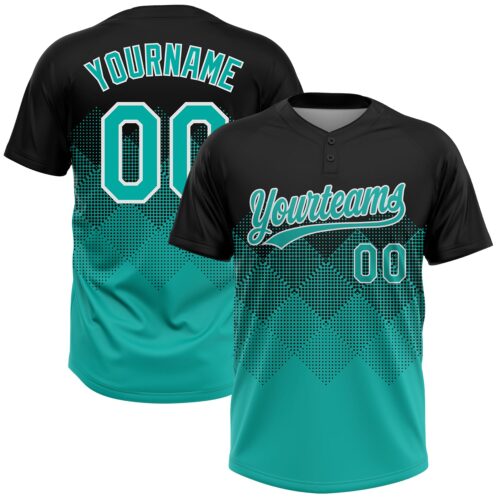 Softball1875 Custom Black Aqua-White 3D Gradient Square Shape Two-Button Unisex Softball Jersey