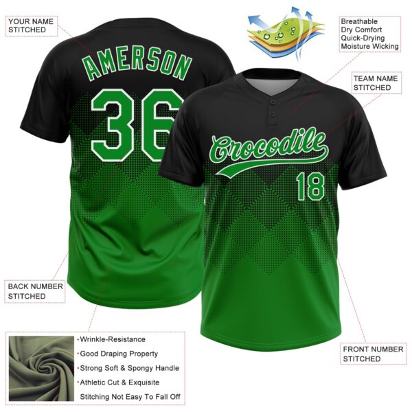 Custom Black Grass Green-White 3D Gradient Square Shape Two-Button Unisex Softball Jersey