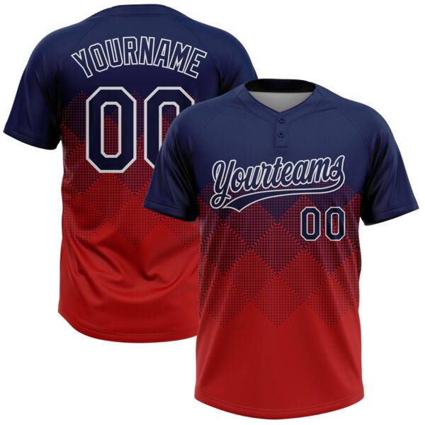 Custom Navy Red-White 3D Gradient Square Shape Two-Button Unisex Softball Jersey