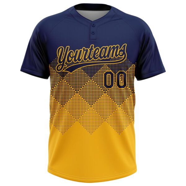 Custom Navy Gold 3D Gradient Square Shape Two-Button Unisex Softball Jersey