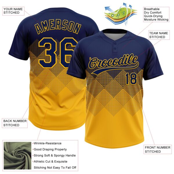 Custom Navy Gold 3D Gradient Square Shape Two-Button Unisex Softball Jersey