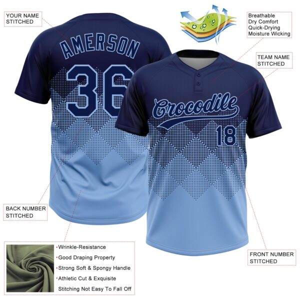 Custom Navy Light Blue 3D Gradient Square Shape Two-Button Unisex Softball Jersey