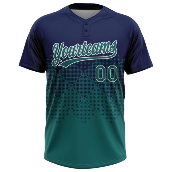 Custom Navy Teal-White 3D Gradient Square Shape Two-Button Unisex Softball Jersey