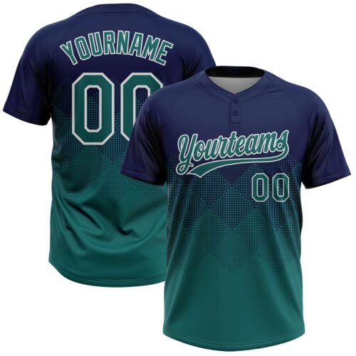Custom Navy Teal-White 3D Gradient Square Shape Two-Button Unisex Softball Jersey