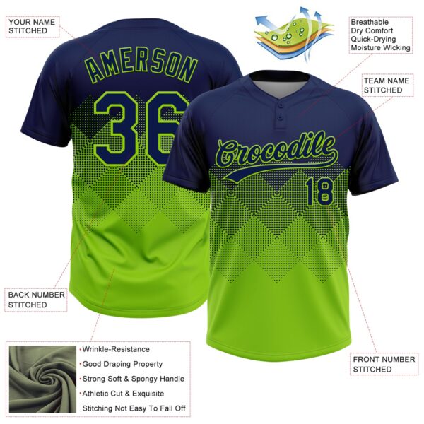 Custom Navy Neon Green 3D Gradient Square Shape Two-Button Unisex Softball Jersey
