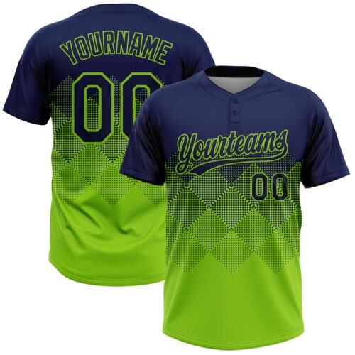 Custom Navy Neon Green 3D Gradient Square Shape Two-Button Unisex Softball Jersey