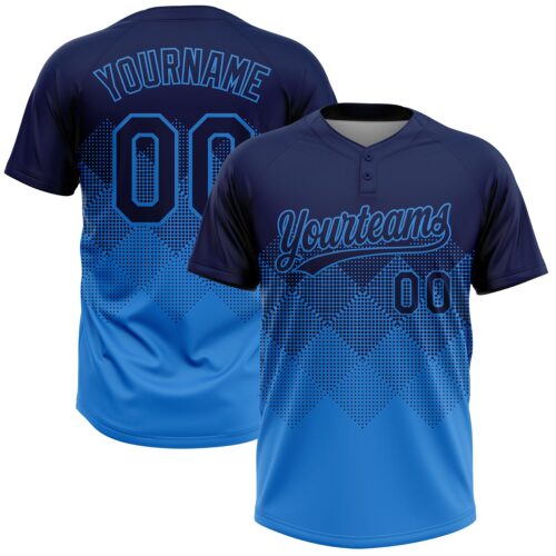 Custom Navy Electric Blue 3D Gradient Square Shape Two-Button Unisex Softball Jersey