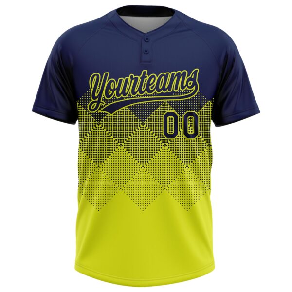 Custom Navy Neon Yellow 3D Gradient Square Shape Two-Button Unisex Softball Jersey