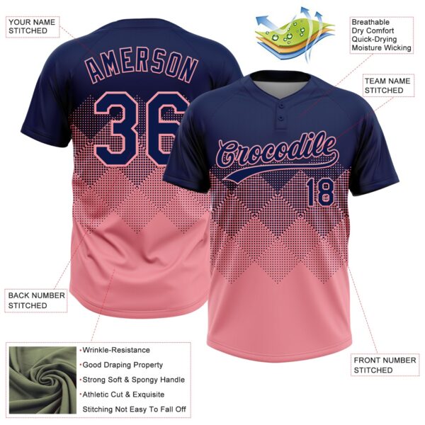 Custom Navy Medium Pink 3D Gradient Square Shape Two-Button Unisex Softball Jersey