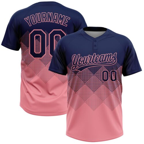 Custom Navy Medium Pink 3D Gradient Square Shape Two-Button Unisex Softball Jersey