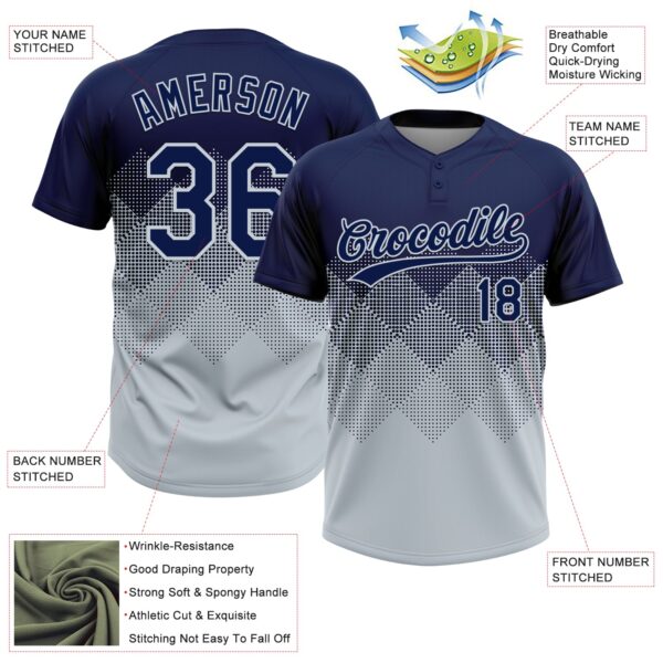 Custom Navy Silver 3D Gradient Square Shape Two-Button Unisex Softball Jersey