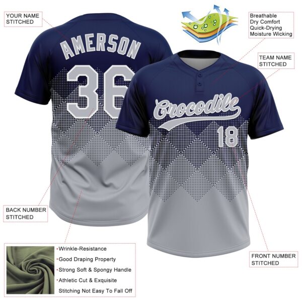 Custom Navy Gray-White 3D Gradient Square Shape Two-Button Unisex Softball Jersey
