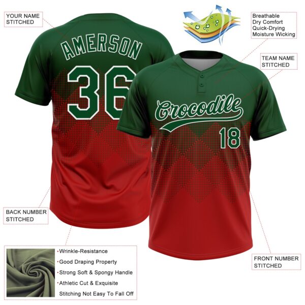 Custom Green Red-White 3D Gradient Square Shape Two-Button Unisex Softball Jersey
