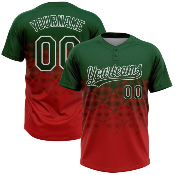 Custom Green Red-White 3D Gradient Square Shape Two-Button Unisex Softball Jersey
