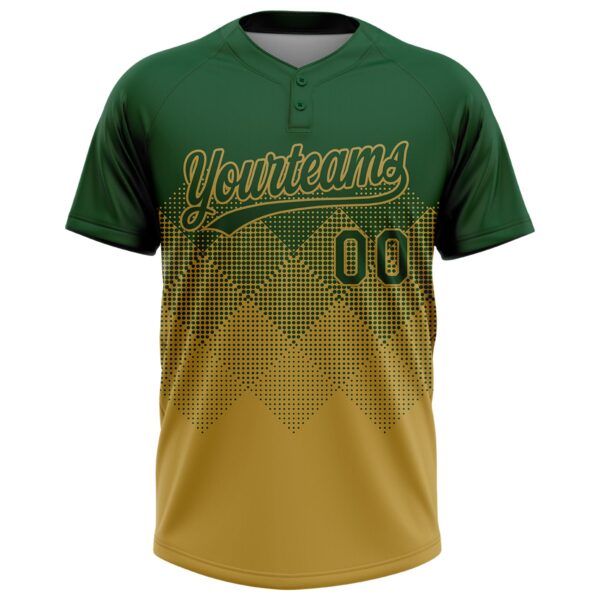 Custom Green Old Gold 3D Gradient Square Shape Two-Button Unisex Softball Jersey