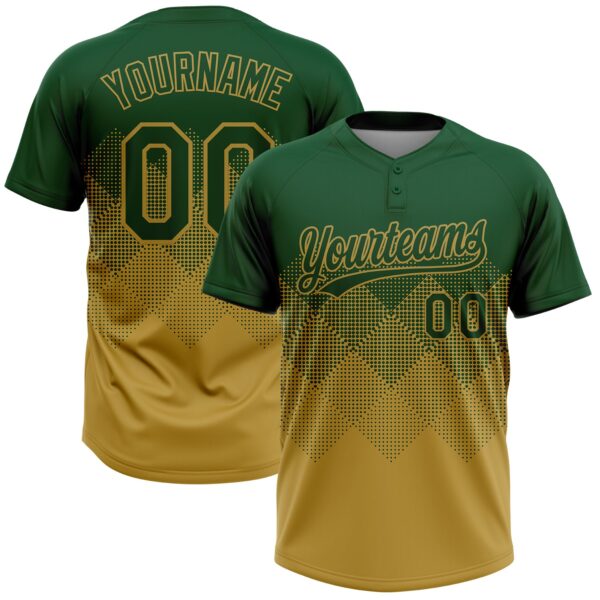 Custom Green Old Gold 3D Gradient Square Shape Two-Button Unisex Softball Jersey