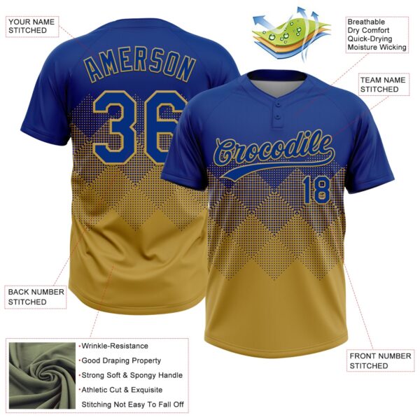 Custom Royal Old Gold 3D Gradient Square Shape Two-Button Unisex Softball Jersey