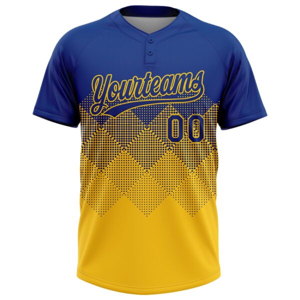 Custom Royal Yellow 3D Gradient Square Shape Two-Button Unisex Softball Jersey