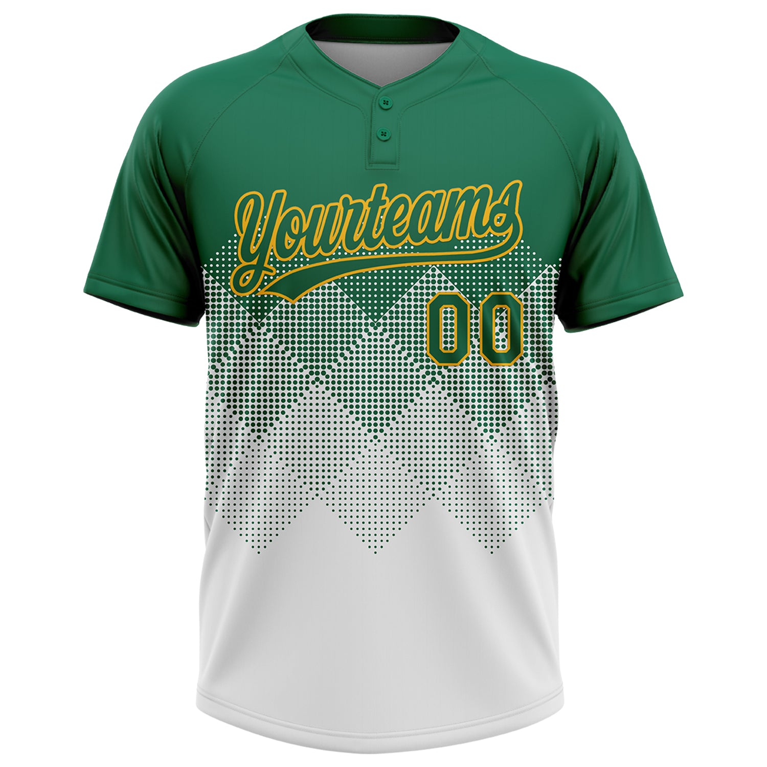 Custom Kelly Green White-Gold 3D Gradient Square Shape Two-Button Unisex Softball Jersey