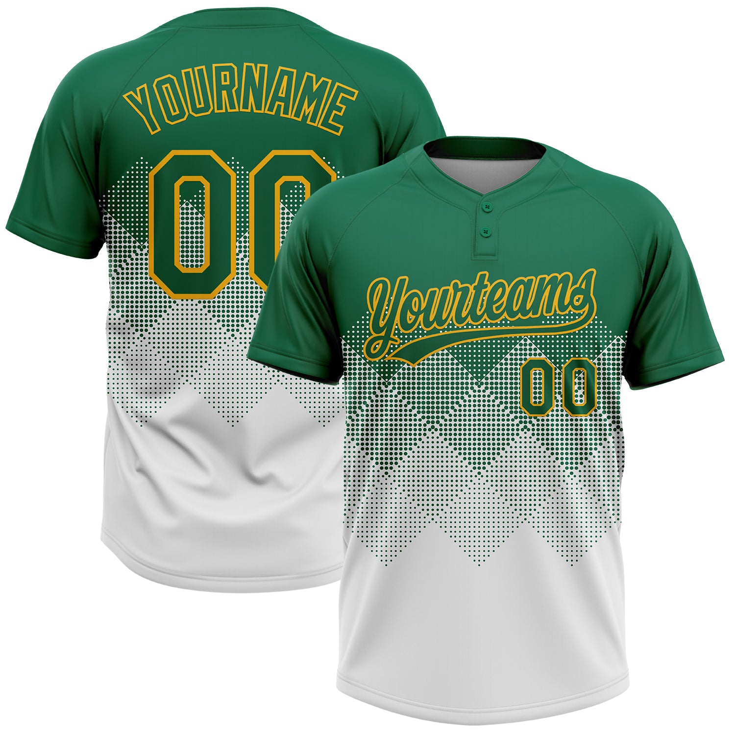 Custom Kelly Green White-Gold 3D Gradient Square Shape Two-Button Unisex Softball Jersey