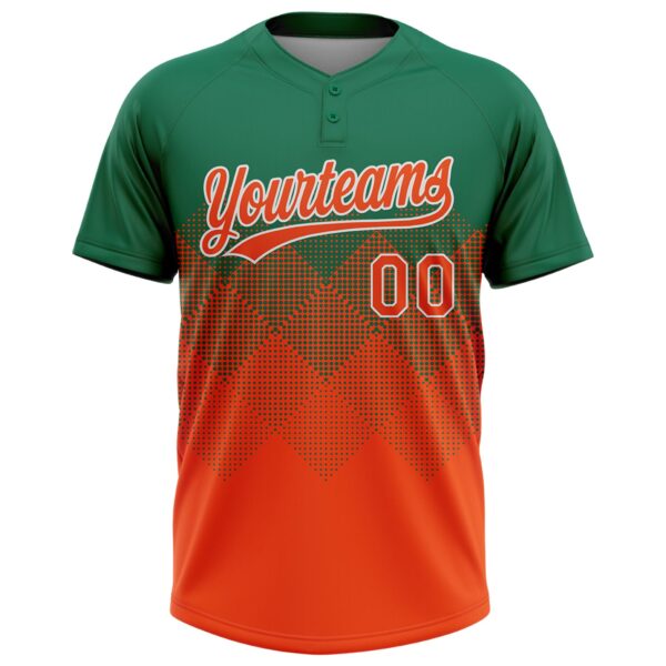 Custom Kelly Green Orange-White 3D Gradient Square Shape Two-Button Unisex Softball Jersey