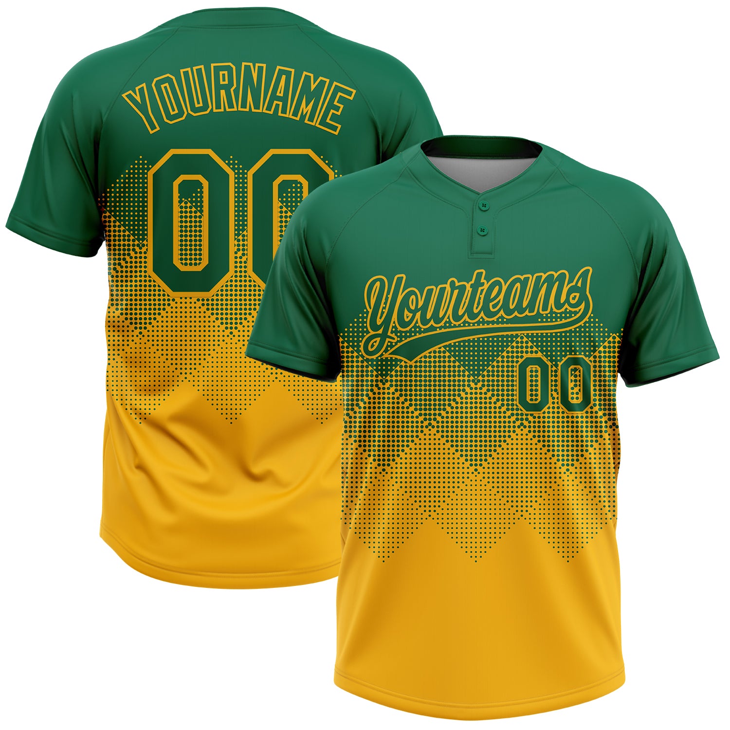 Custom Kelly Green Gold 3D Gradient Square Shape Two-Button Unisex Softball Jersey